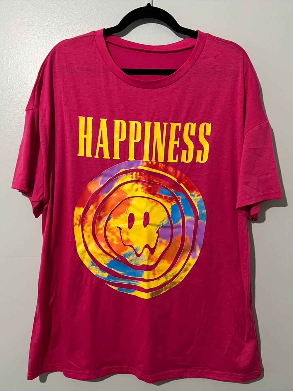 SHEIN Hot Pink "Happiness" Short Sleeve Tee with Yellow Multicolor Graphic